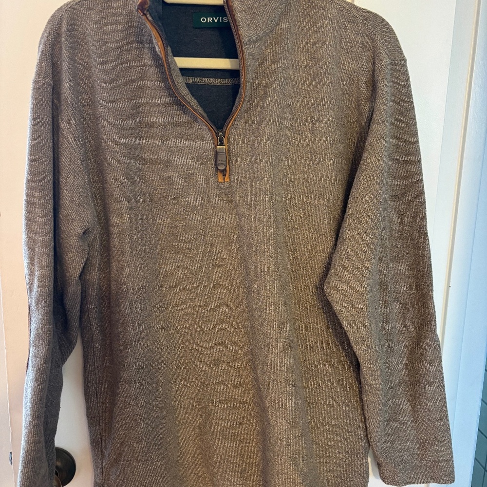 Orvis men's (unisex) quarter-zip pullover with leather trim and elbow patches
